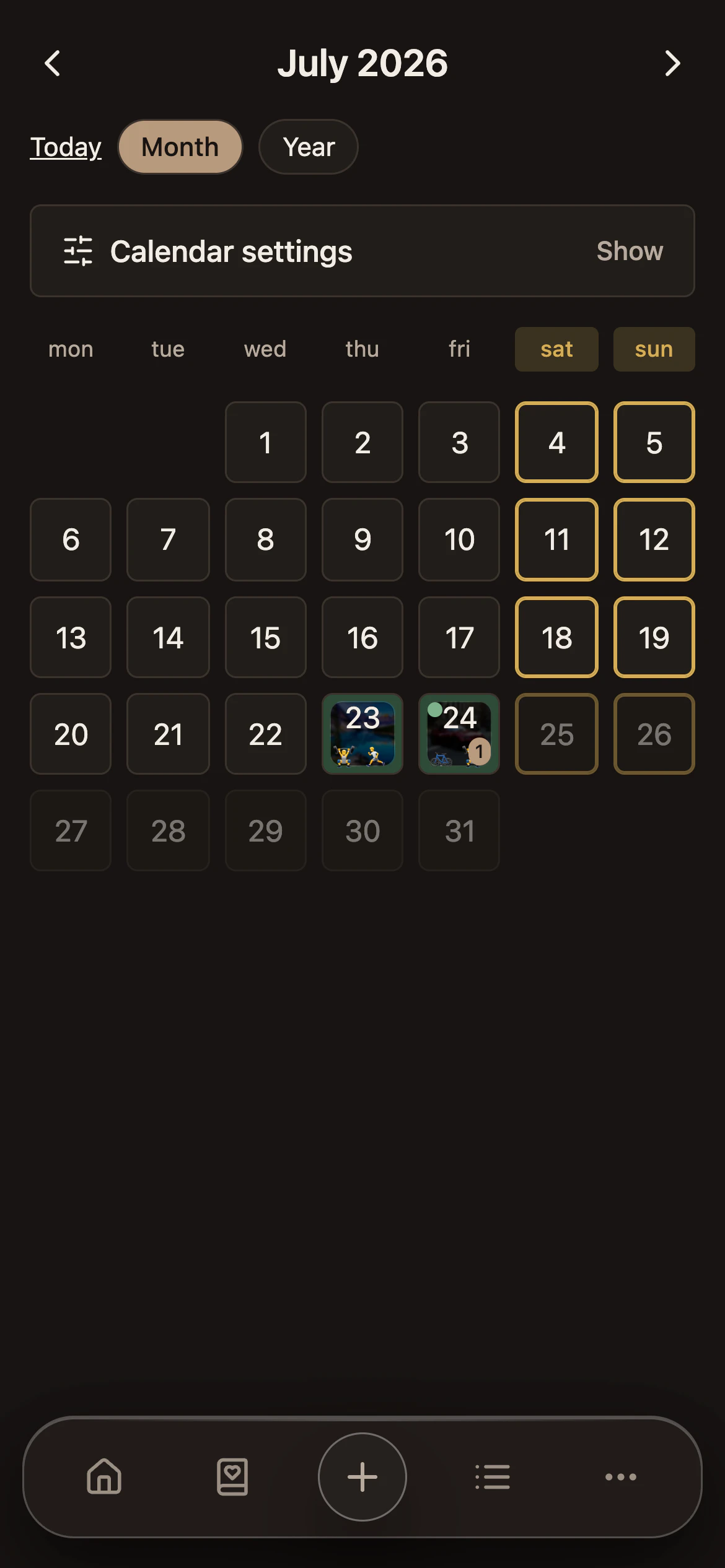 Life calendar with recorded activities in About Me