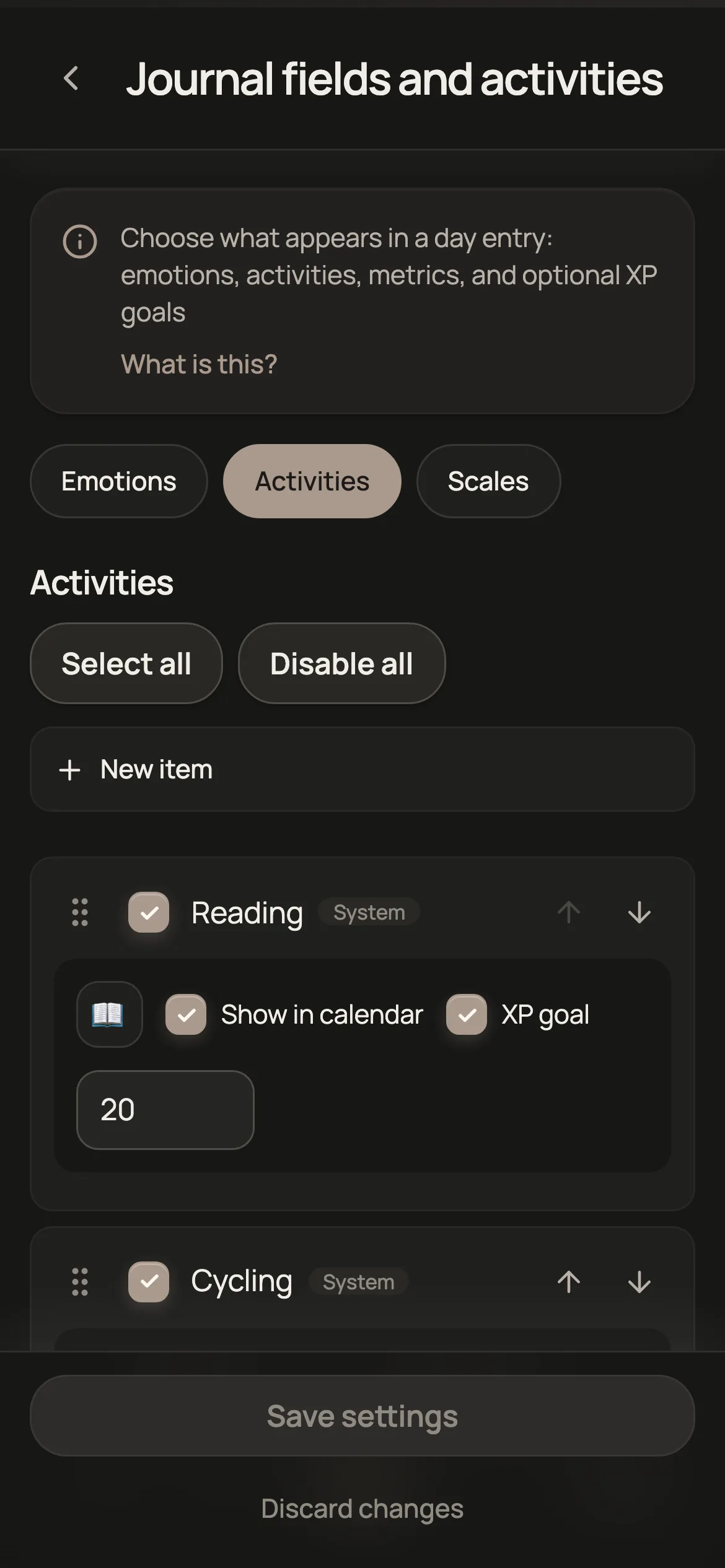 Activity and XP settings