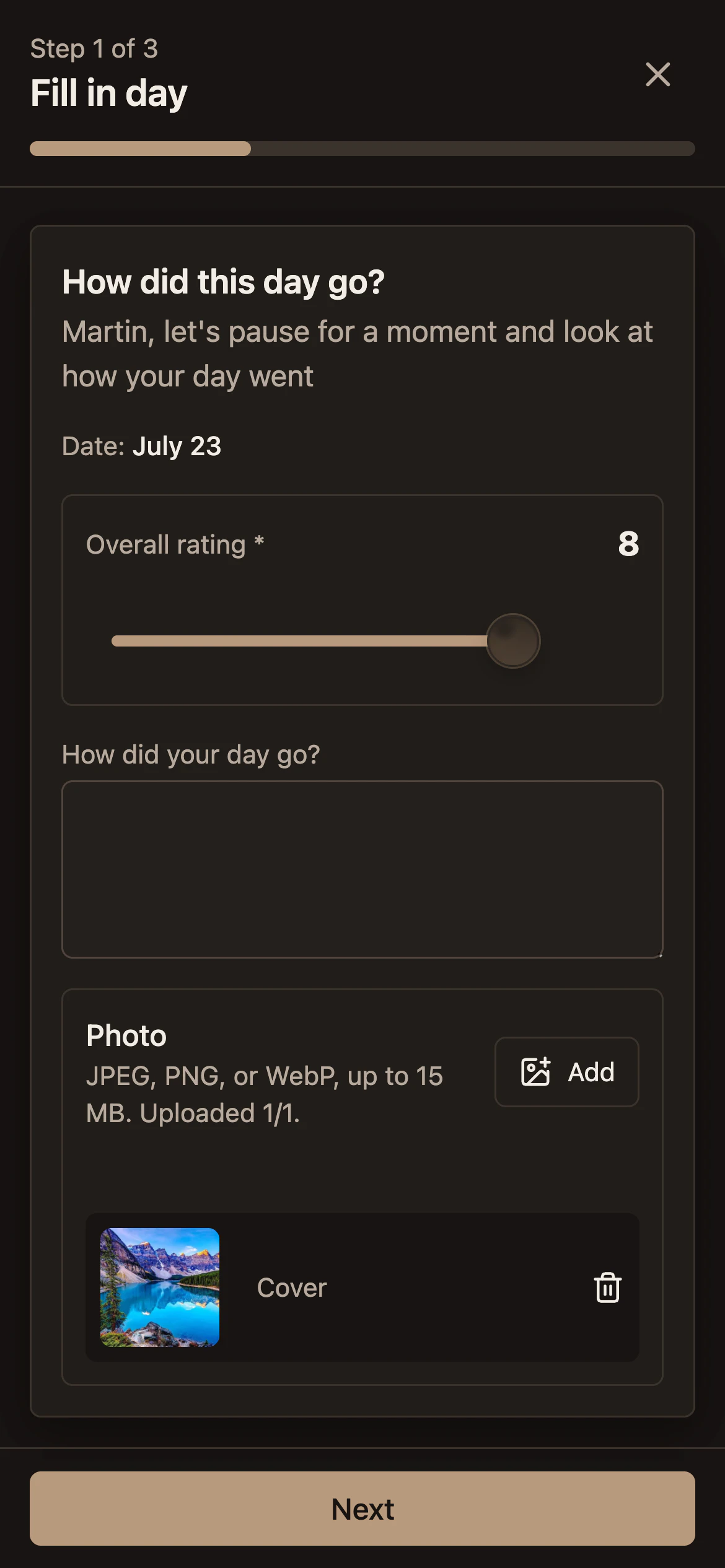 Day entry form in About Me