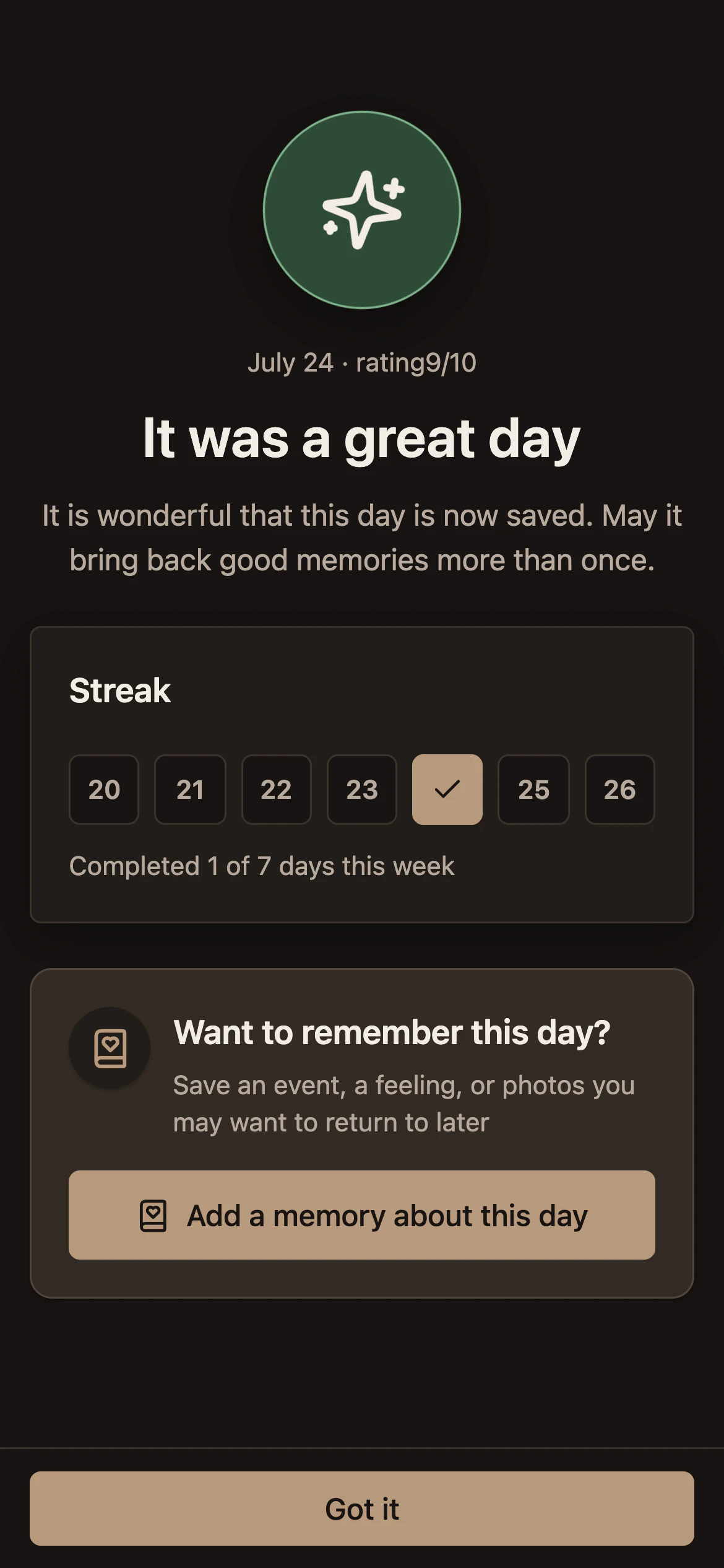 A saved day entry in About Me