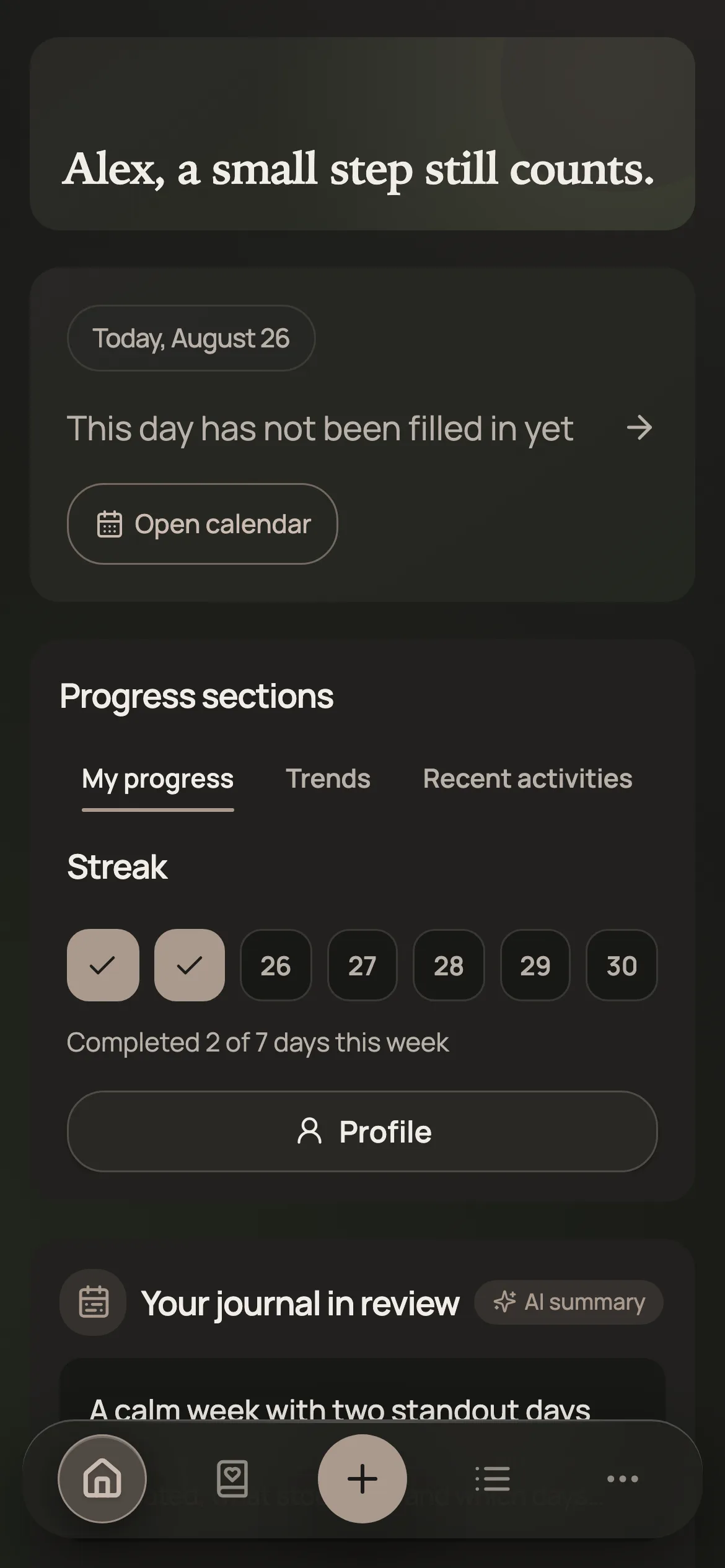 App home before a day is filled in