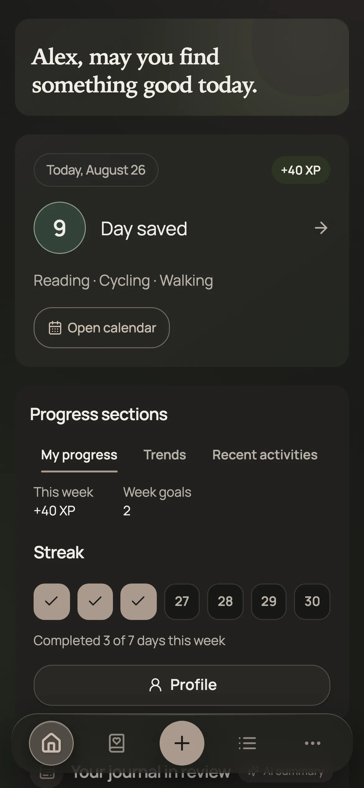 App home with a completed day