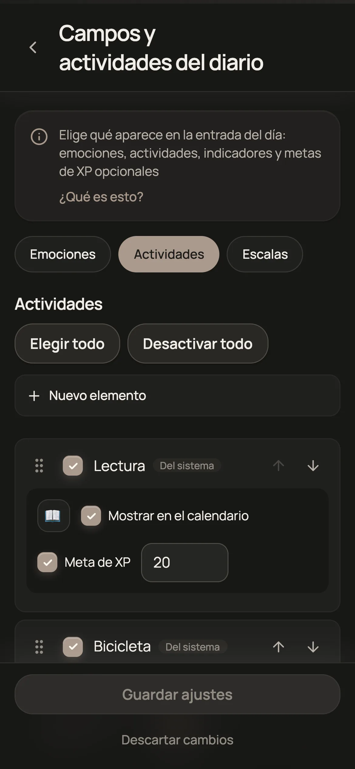 Ajustes de actividades y XP
