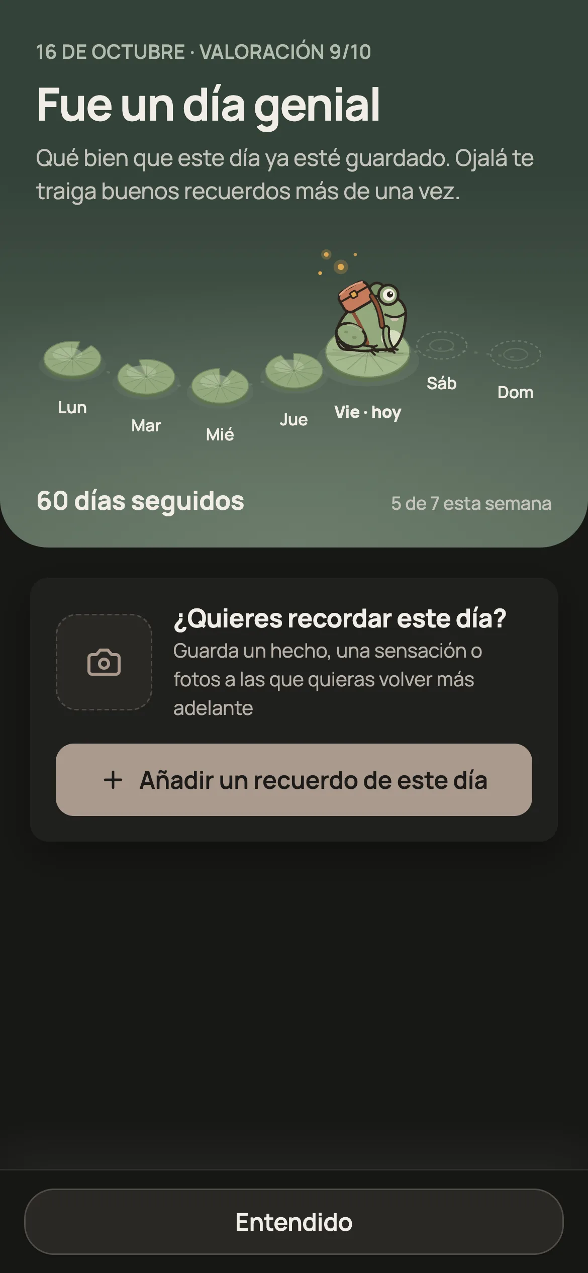 Pantalla después de guardar el día