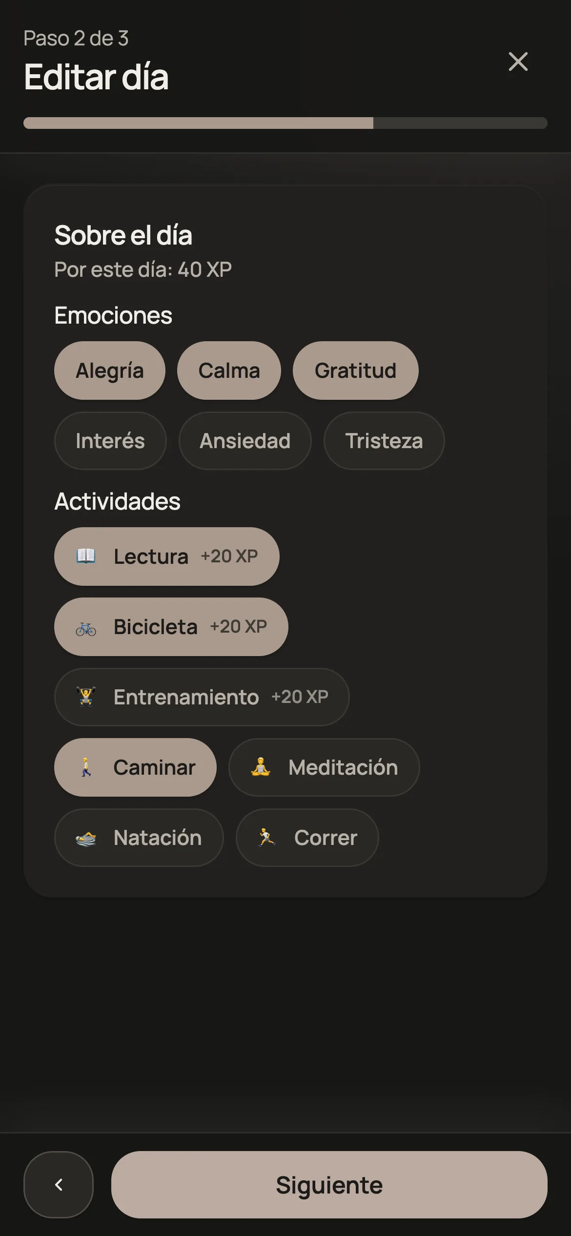 Formulario de la entrada del día, segundo paso