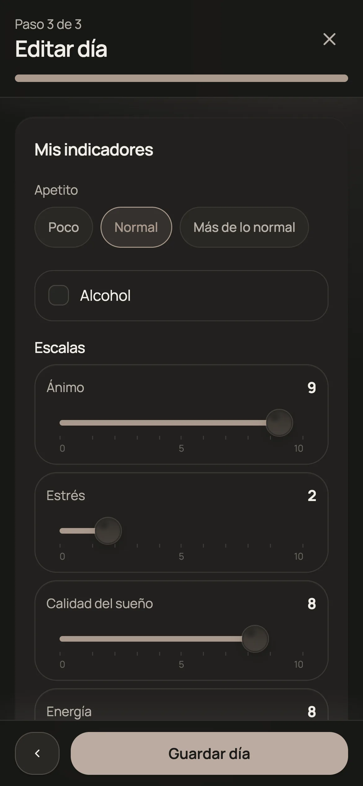 Formulario de la entrada del día, tercer paso