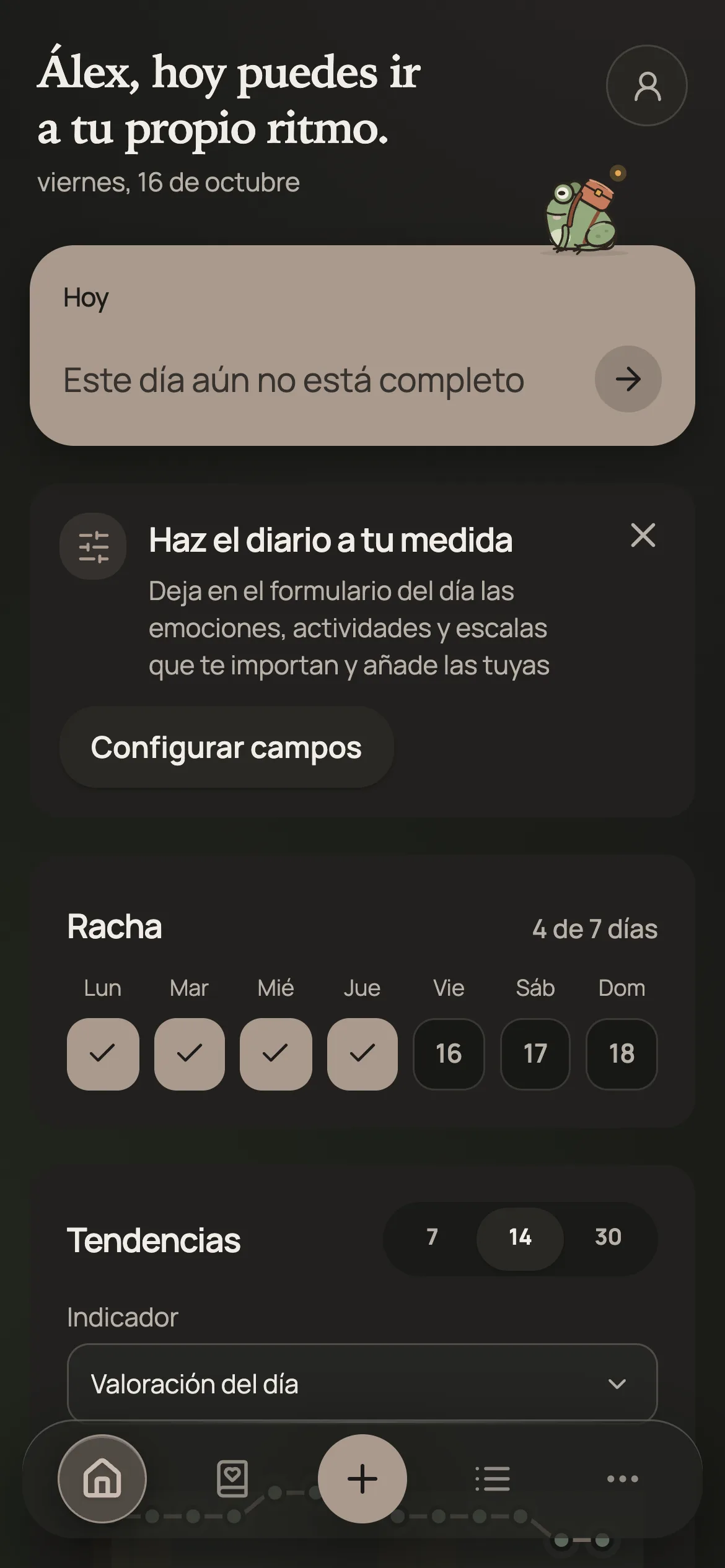 Inicio de la app antes de completar el día