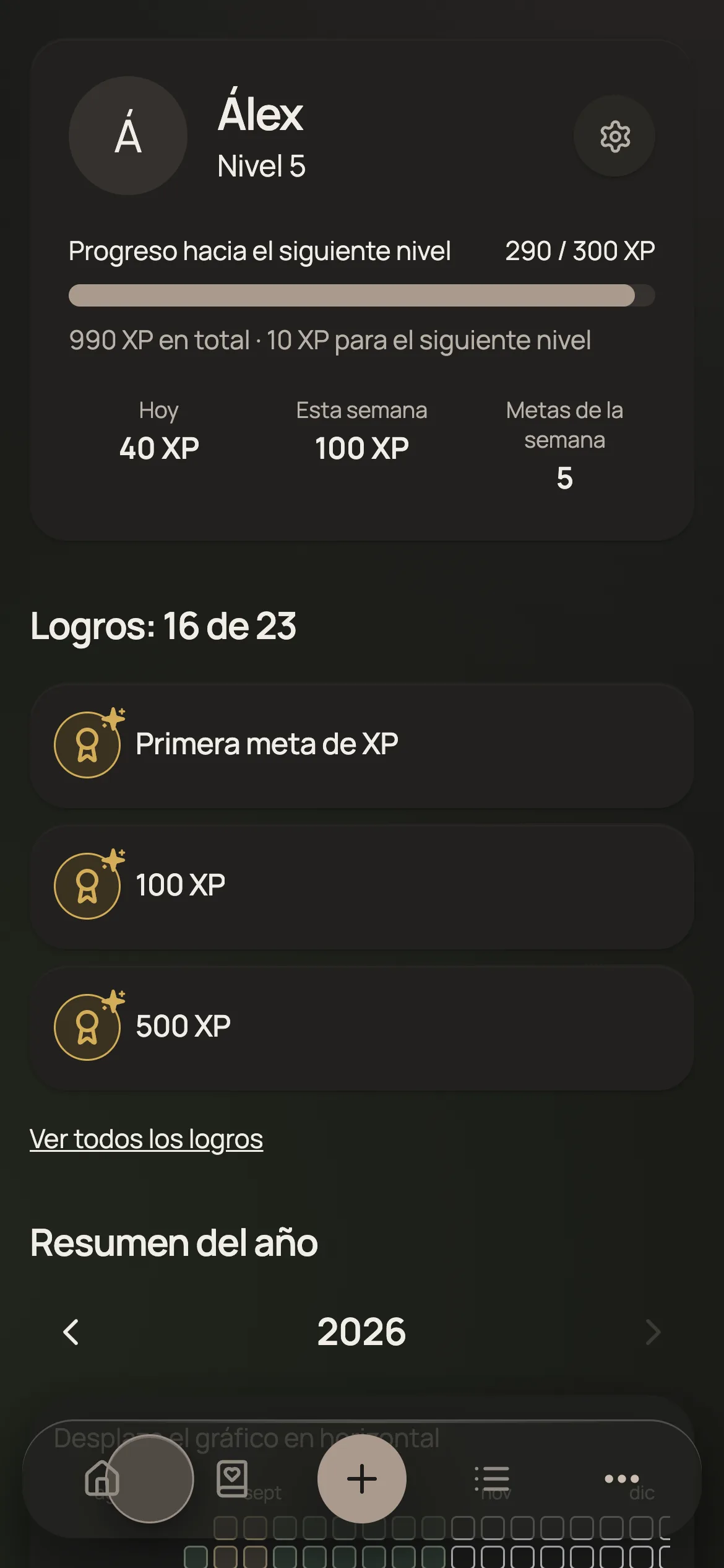 Perfil con nivel y progreso