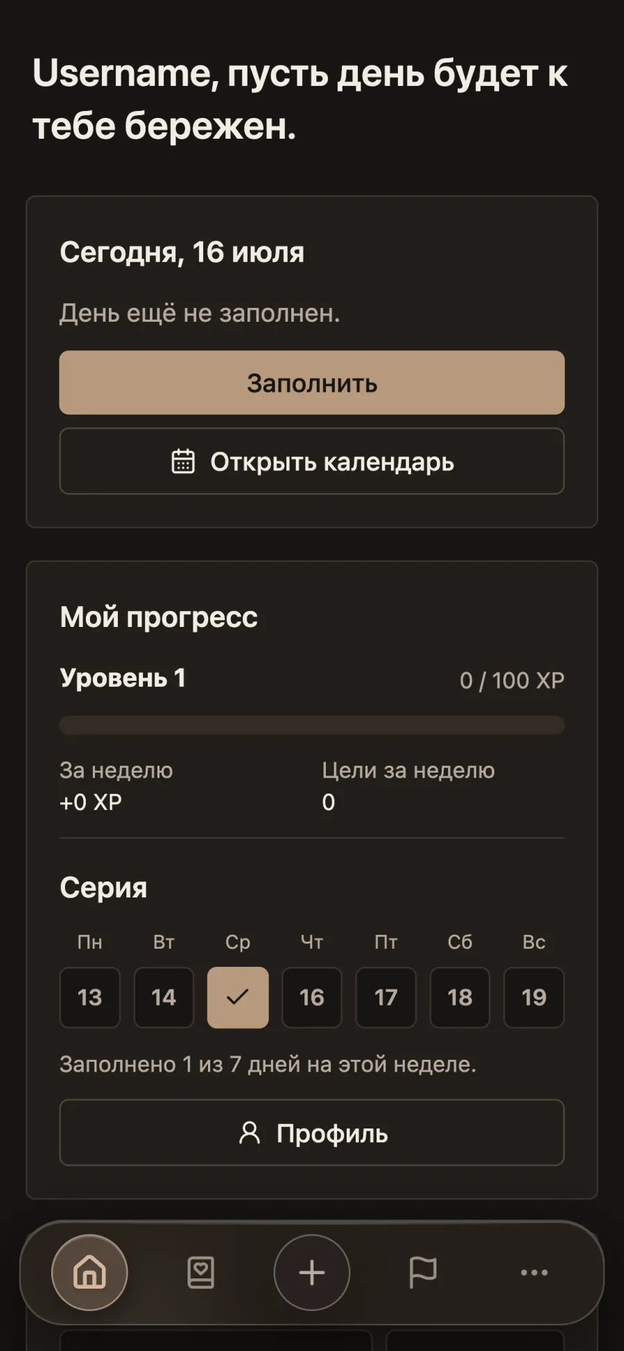 Главная приложения до заполнения дня