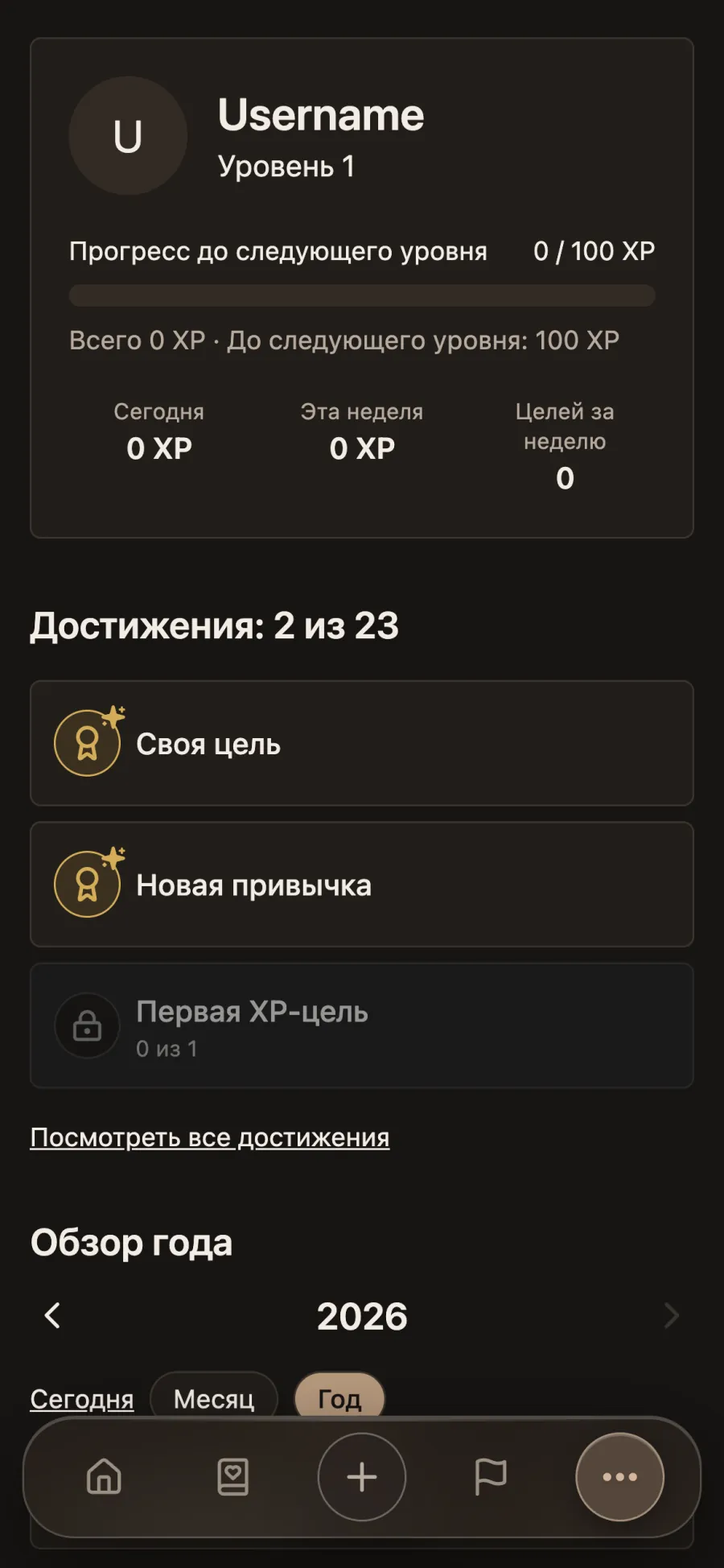 Профиль с уровнем и прогрессом