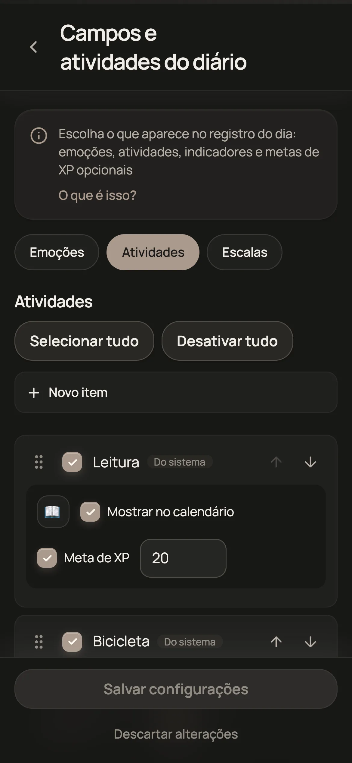 Configurações de atividades e XP