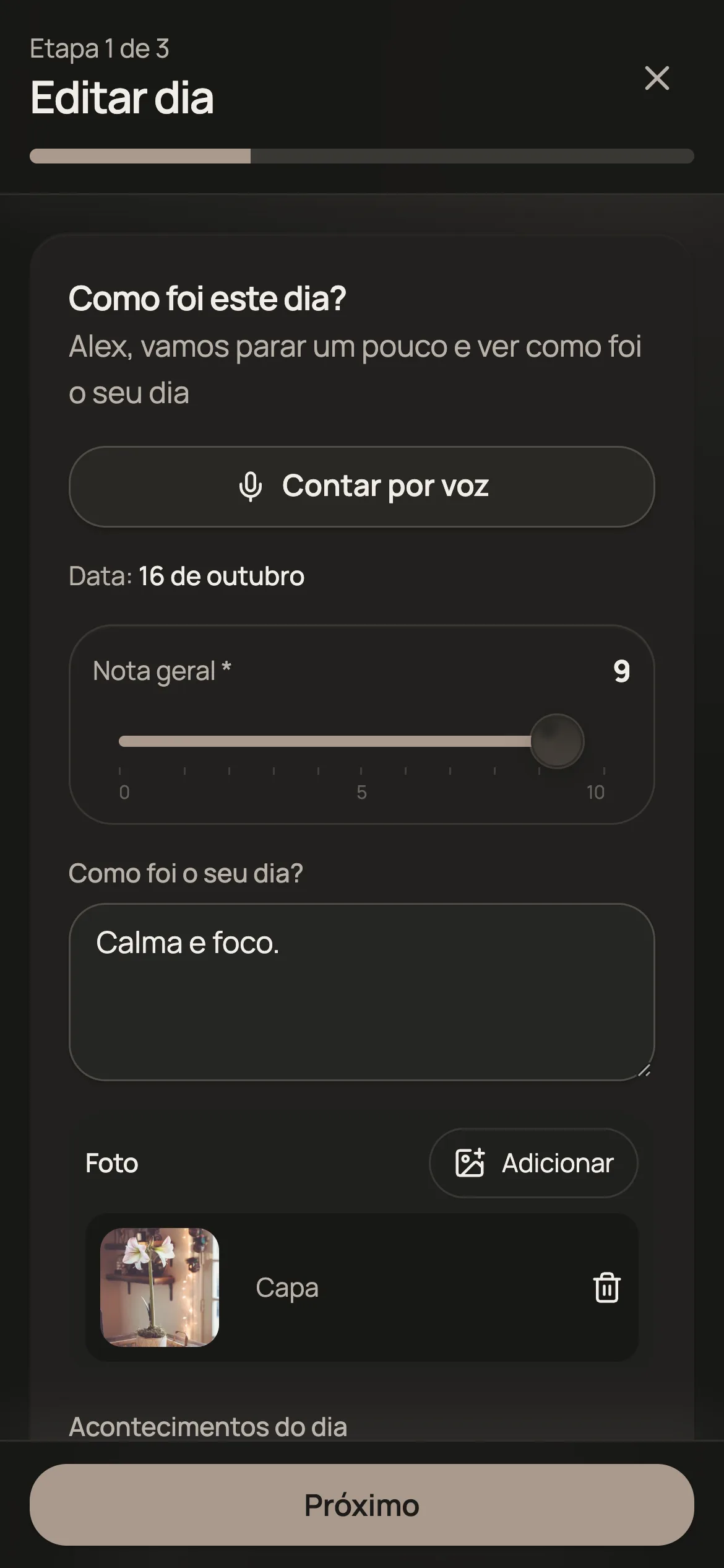 Formulário do registro do dia, primeira etapa