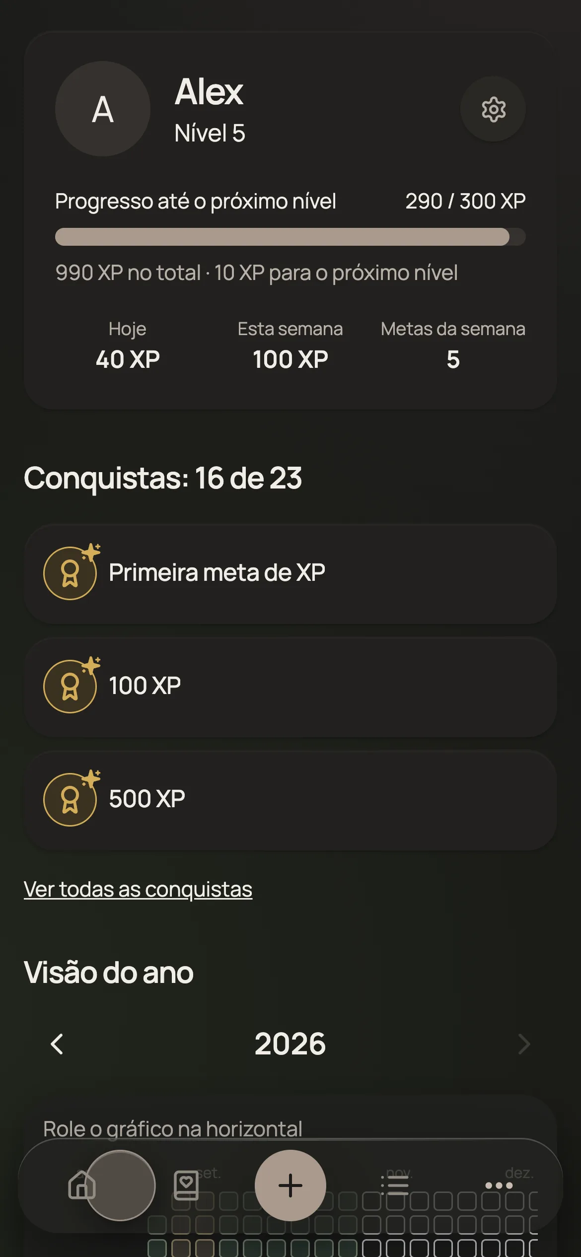 Perfil com nível e progresso